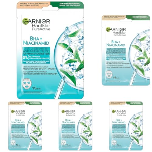 Garnier Tuchmaske, Gesichtsmaske für fettige Haut, Anti-Unreinheiten, Formel mit Teebaumöl und Salizylsäure, Hautklar Aktiv, 23 g (Packung mit 5)
