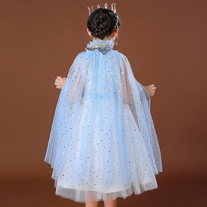 Image of Princess Cape for Girls - Colorful Sequin Cloak with Crown and Wand for Birthday, Halloween, Fancy Dress & Carnival