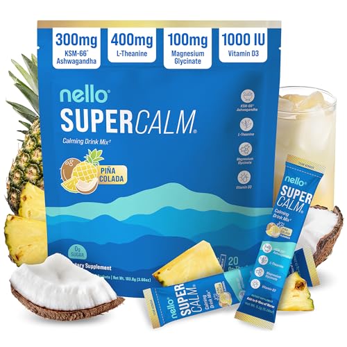 Image of Nello Supercalm Powdered Drink Mix, Cortisol Reducer* and Sleep Aid Supplement, L Theanine, Ksm-66 Ashwagandha, Magnesium Glycinate, Vitamin D 3, No Sugar, Non GMO, On The Go, 20 Ct, Pina Colada