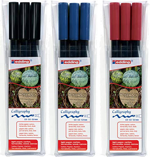 edding 1255 Kalligrafie-Stift - Farbe: schwarz, karmesin rot und blau - Ideal f&uuml;r Kalligraphie und Lettering auf nahezu allen Oberfl&auml;chen - Made in Germany
