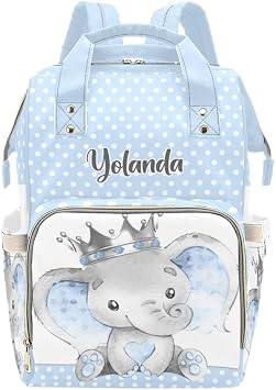 Personalized Diaper Backpack Prince Elephant Dot Blue Multi Function Diaper Bag Travel Daypack Nursing Nappy Changing Bag