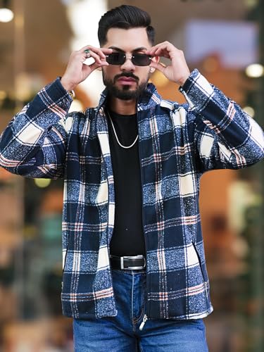 Image of Maniac Mens Checkered Full Zipper Fullsleeve Polyester Blend Fleece Shacket for Men