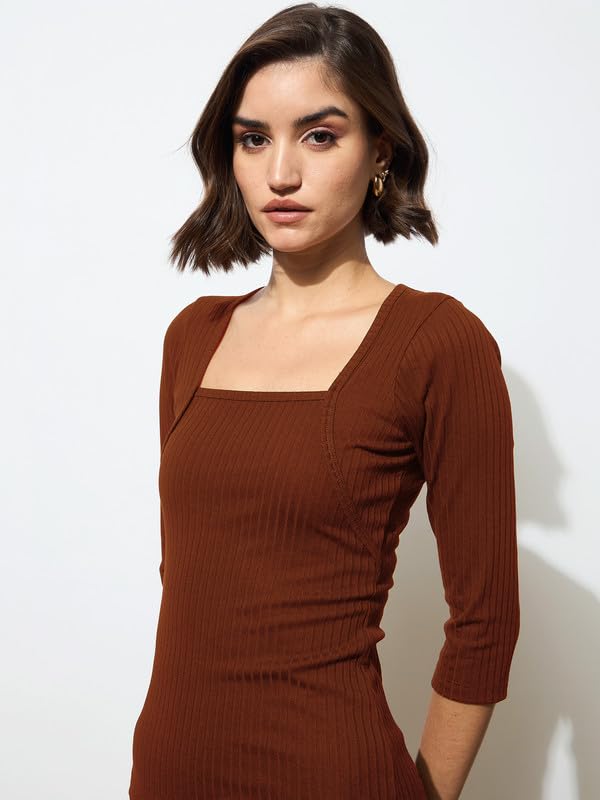 Image of barcino Black Rib Square Neck Sticth Detail Midi Dress