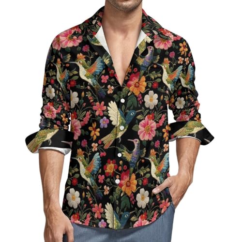 Camisas de manga larga con botones para hombre con estampado de flores de colibrí, camisa casual con botones para hombre con bolsillo, Varios colores, L
