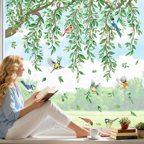 wondever Stickers Fenetre Printemps Arbre Branche Autocollant Fenêtre Vigne Vertes Oiseaux Electrostatique Anti-Collision Décoration pour Fenêtre Porte...