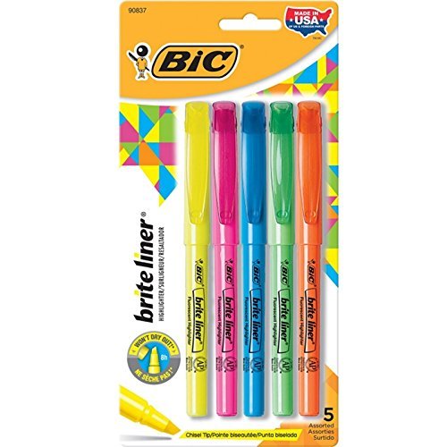 Bic Brite Liner Chisel Tip Fluorescent Highlighter, Assorted Colors 5 ea ( Pack of 4)