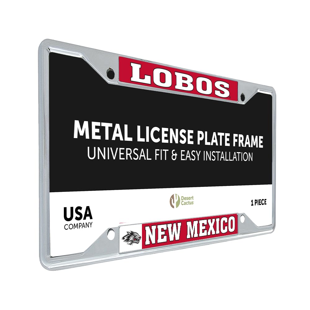 Desert Cactus University of New Mexico License Plate Frame UNM Lobos Metal Car Tag Holder for Front or Back of Car Officially Licensed (Mascot)