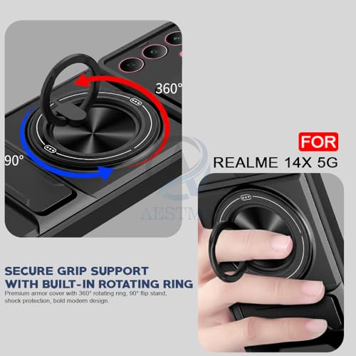 Image of AESTMO Realme 14X / P3X / C75 / Narzo 80X 5G Back Cover |Armor Camera Slider 360 Degree Rotating Finger Ring Holder Case with Bracket Stand Back Case Cover (Compatible with MagSafe Accessories)(Black)