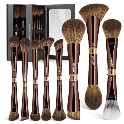 MAANGE Luxury 8-Piece Makeup Brush Set - Dual-Ended Makeup Brushes with 16-in-1 Functions & Mirror Case Professional Foundation, Eyeshadow, and Blush Brushes for Full Face Makeup