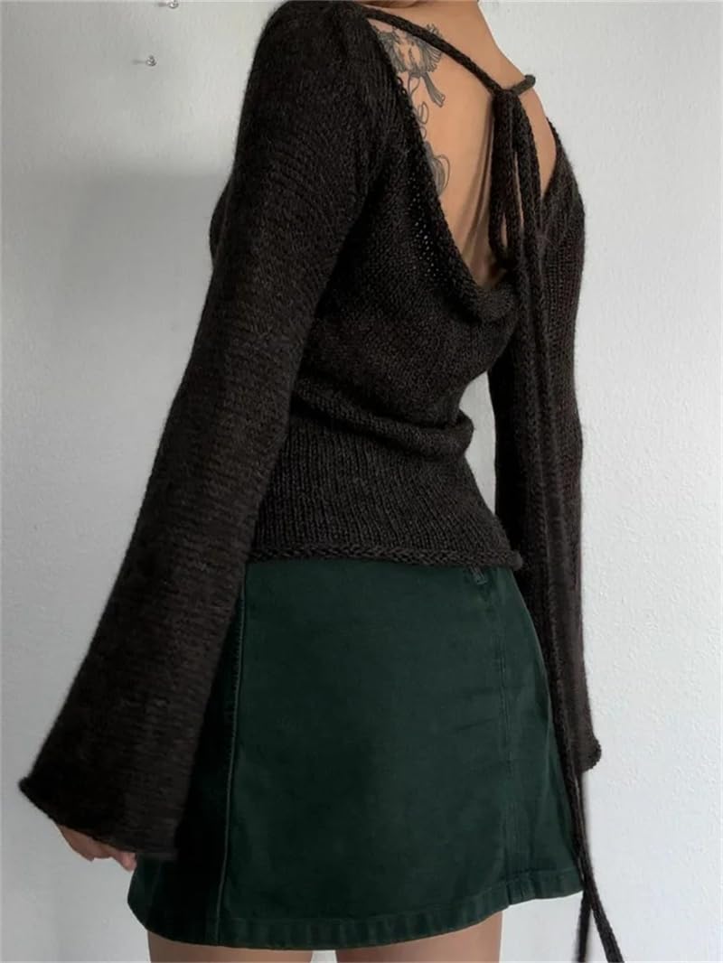 Donne Backless Tie-Up Pullover Top Manica Lunga Flare Slim Solido Maglioni Party Jumpers