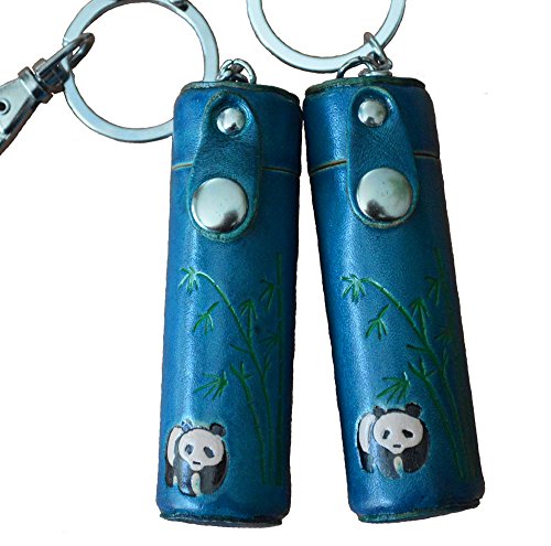 A Pair set (2 pieces) Real leather ChapStick, toothPick Holder, Pill Case.Giant Panda Pattern (Blue)