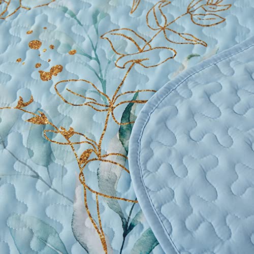3 Pieces Floral Quilt Sets Queen Size,Blue Leaf Queen Quilt Sets Soft Bedspread Queen Size Bedding Set For All-Season (96"X90") #TOP4