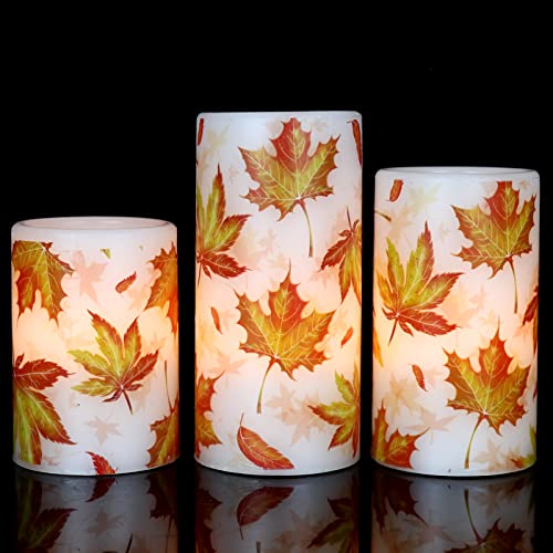 Image of GenSwin Maple Leaf Flickering Flameless Candles Battery Operated with 6 Hours Timer, Real Wax Led Pillar LED Candles Christms Wedding Decoration