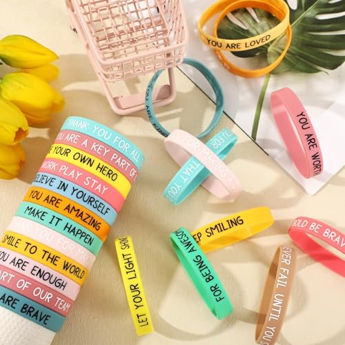 Image of JUNEBRUSHS 64pcs Motivational Silicone Bracelets Bulk Colored Inspirational Rubber Wristbands Unisex for Student Teacher Office Prizes Gifts Back to School Party Favor Supplies (16 Designs)