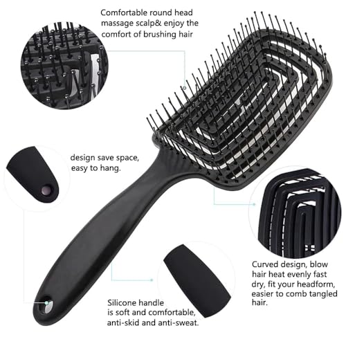 Image of Curved Vent Brush and Hair Detangle, Professional Styling Hair Brush for Men Women, Vented for Faster Blow Drying .Detangle Brush Suitable for Long Thick Curly Straight Dry Wet Hair, (BLACK) (Square)