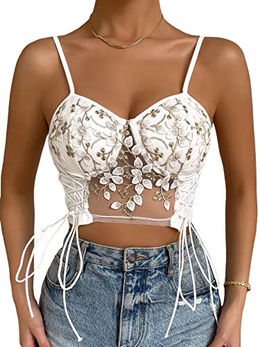 Verdusa Women's Lace Up Floral Embroidery Sleeveless Mesh Crop Cami Top Bustier White M #TOP19