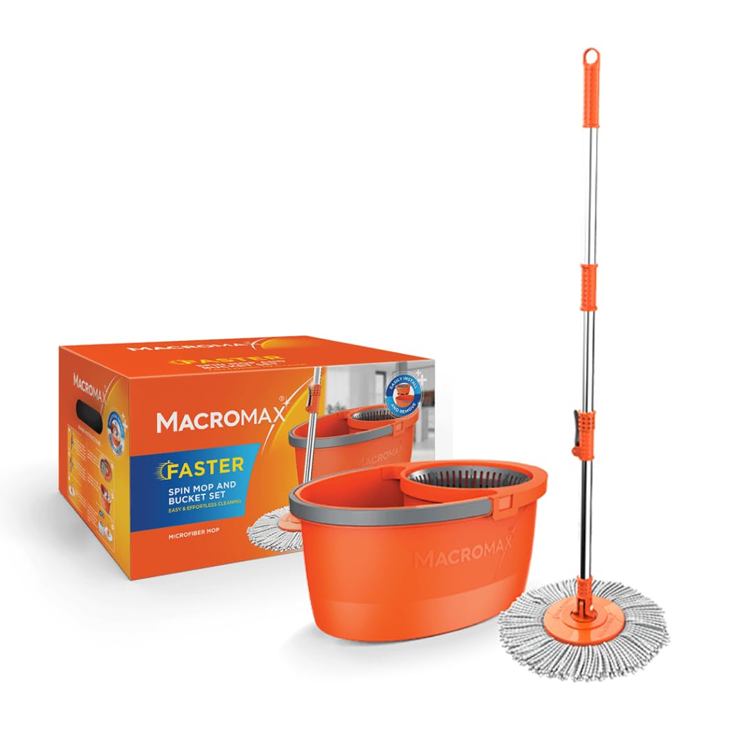 Macromax - Faster Automatic Spin Mop 16L Reinigungsset 100% Mikrofaser Mops - Teleskop-Drehgriff, automatische Wäsche & Abnehmbarer Trockenkorb, aus 90% recycelbarem Material (Spin Mop Set)
