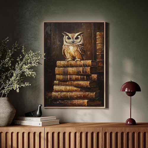 Tableau rustique hibou sage sur livres avec cadre de 21 x 30 cm