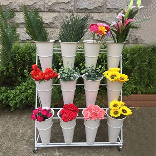 Flower Display Stand With 12Pcs Plastic Buckets Iron Plant Stand With 4 Universal Wheel, 3-Layers Metal Moving Florist Bouquet Shelf For Fresh Flower Shop, 100*50*110Cm ( Color : White ) #TOP3