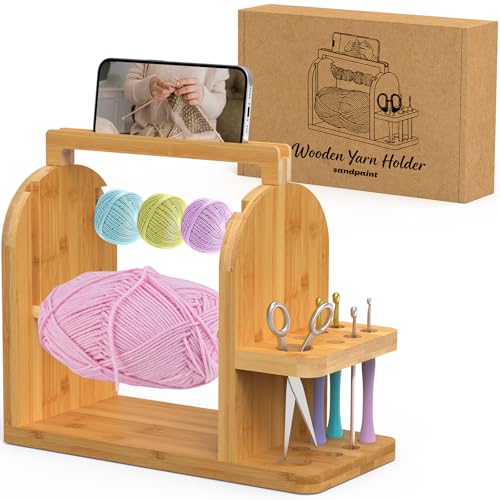 sandpaint Yarn Holder for Crocheting Durable Bamboo Wood Yarn Storage Organizer with Built-in Phone Stand Tangle-Free Dual Rods & Tool Holder Ideal Crochet Accessories for Skein Cake Ball Yarn