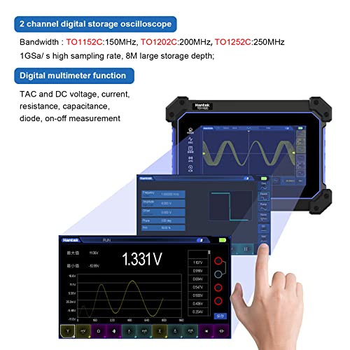 Image of Hantek Touch Screen Tablet Oscilloscope, 2 Channel Handheld Digital Oscilloscope 250MHz 1GSa /S with Multimeter Build with Large Capacity Battery +Type C Charger