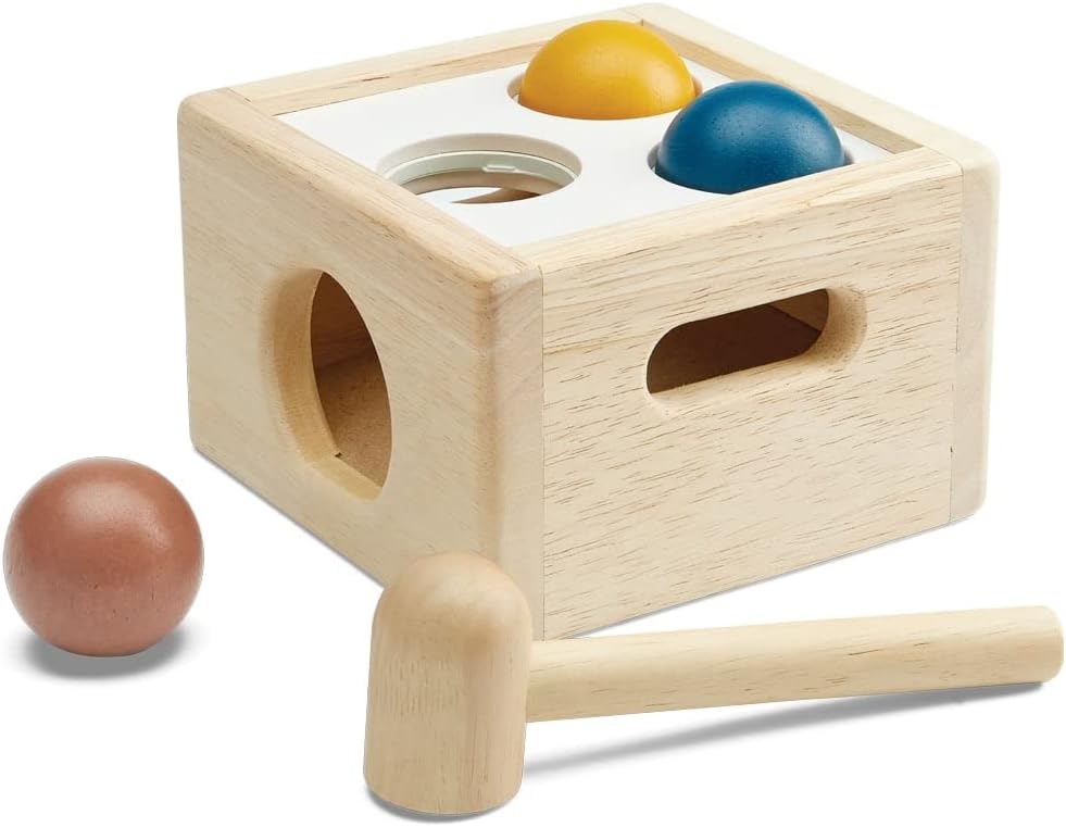 PlanToys® Punch and Drop Wooden Montessori Fine Motor and Cause and Effect Toy in Orchard Shade | Early Coordination and Tactile Learning Activity | Eco Friendly Hammer and Ball Set
