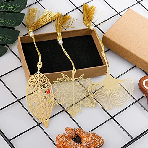 3 Pcs Metal Leaf Bookmark, Classical Vintage Bookmarks Book Page Marker Gold Tassel Pendants With Gift Box For Reader Women And Kids（Sycamore, Ginkgo, Ladybug Leaves） #TOP1
