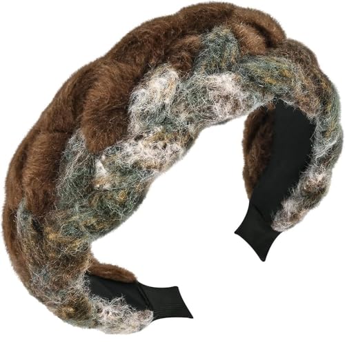 Braided Faux Fur Headbands, Soft Headbands for Women Girl, Non-Slip Fashion Hairbands Hair Accessories (Green & Brown, One size)