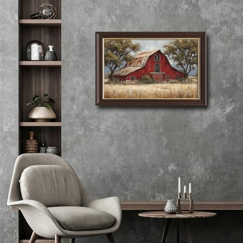 Image of Antique Framed Red Barn Canvas Wall Art, Weathered Farmhouse Oil Painting Canvas Prints, Vintage Farm Wall Decor Pictures for Living Room Bedroom Bathroom