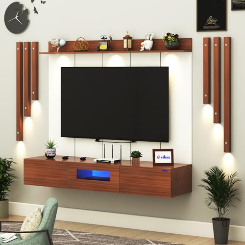 Image of Anikaa LucenPro Engineered Wood Wall Mount TV Unit with PVC Back Panel, Acrylic Blue LED Storage Box, Side Wooden Accent Spot Light Panels I Deal for Up to 50 Inch TV (Walnut - DIY Installation)