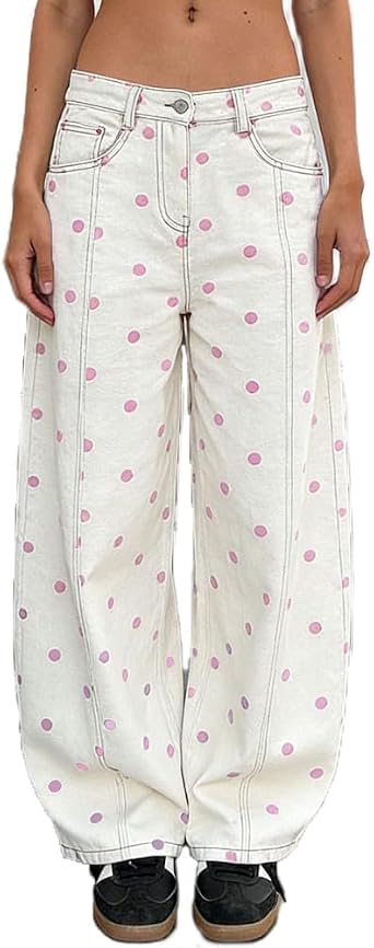 Yoawdats Womens Polka Dot Pattern Barrel Jeans Casual Wide Leg Mid Rise Denim Pants Y2K Boyfriend Cute Jeans