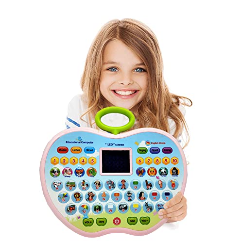 Image of VGRASSP Apple Shape Educational Mini Computer Laptop Toy for Kids LED Display and Fun Music for Learning Alphabets Numbers Words and Animals (Pink)