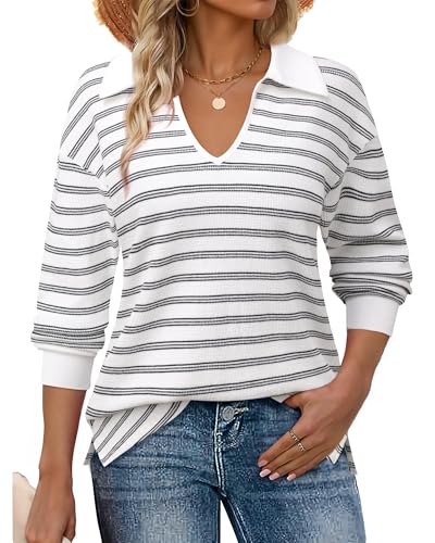 Vivilli Womens Waffle Knit Sweater Tops Long Sleeve Collared V Neck Striped Shirts Trendy Loose Fit Tunic Tops