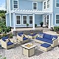 CAODOC Patio Furniture 7 Pieces Outdoor Furniture Set with Rocking Chairs - PE Wicker Outdoor Sectional Sofa, Patio Ottomans, Fire Pit Table for Patio