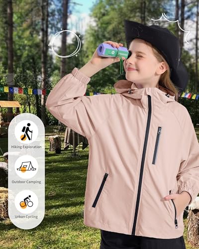 Image of Rolanko Girls Rain Jacket Lightweight Waterproof Hooded Kids Raincoat 6-16 | Kids Windbreaker, Water-Repellent, Sealed Zip Pockets, Reflective Strips, Extended Hood, Outdoor, School Daily, Travel