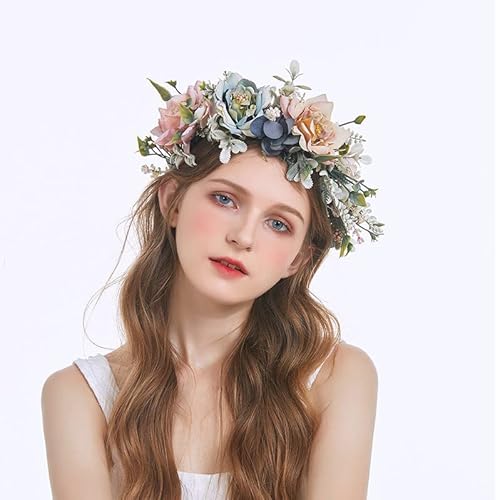 Faylay Women Girl Flower Headband Wreath Boho Headpiece Floral Crown For Wedding Festivals Photo Props (Pink & Blue) #TOP1