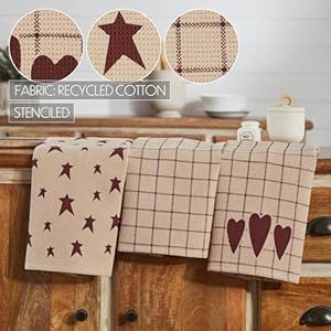 VHC Brands Cotton Kitchen Towel set of 3 Printed Tea Towel Dish Towels Connell Collection Rectangle 28×19 Burgundy