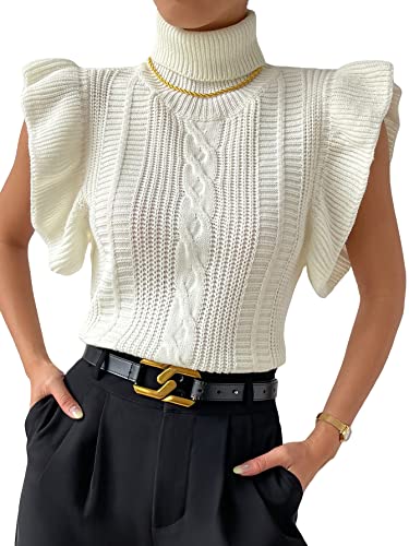Shenhe Women's Cable Knit Turtleneck Sleeveless Ruffle Trim Pullover Sweater Vest Tops Beige L #TOP30