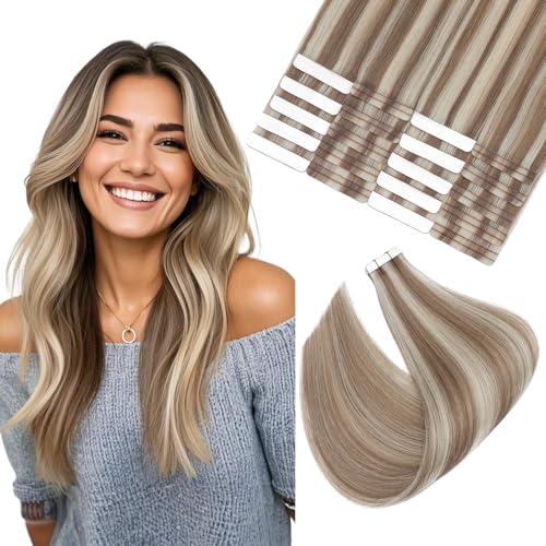 Image of Elailite Tape in Hair Extensions Human Hair Thick Real Remy Hairpieces Golden Brown & Bleach Blonde 14 Inch 40g 20pcs Straight Invisible Seamless Skin Weft Best Tape for Women