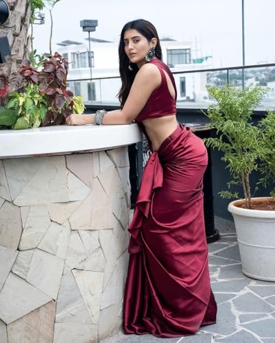 Image of FABIAN FASHION Women's Solid Japan Satin Silk Saree With Unstitched Blouse Piece for Wedding Saree