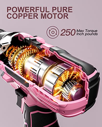 Drill Set, Oubel 12V Cordless Drill Pink With 42 Acessories, Pink Power Drill Cordless With 3/8" Keyless Chuck, Built-In Led, 2 Variable Speed, Pink Drill For Diy Home Projects, Around The House #TOP5