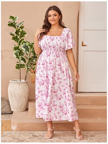 Image of Floerns Women's Plus Size Floral Square Neck Flounce Short Sleeve A Line Maxi Dress