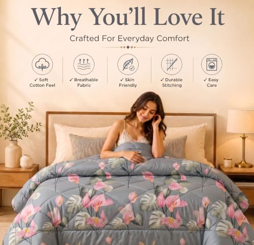 Image of HOMEKART 220 GSM Reversible Microfiber AC Comforter /Duvets for Mild Winter | All Season King Size 3 Layered Quilted Blanket for Double Bed (220 cm x 240 cm,Floral