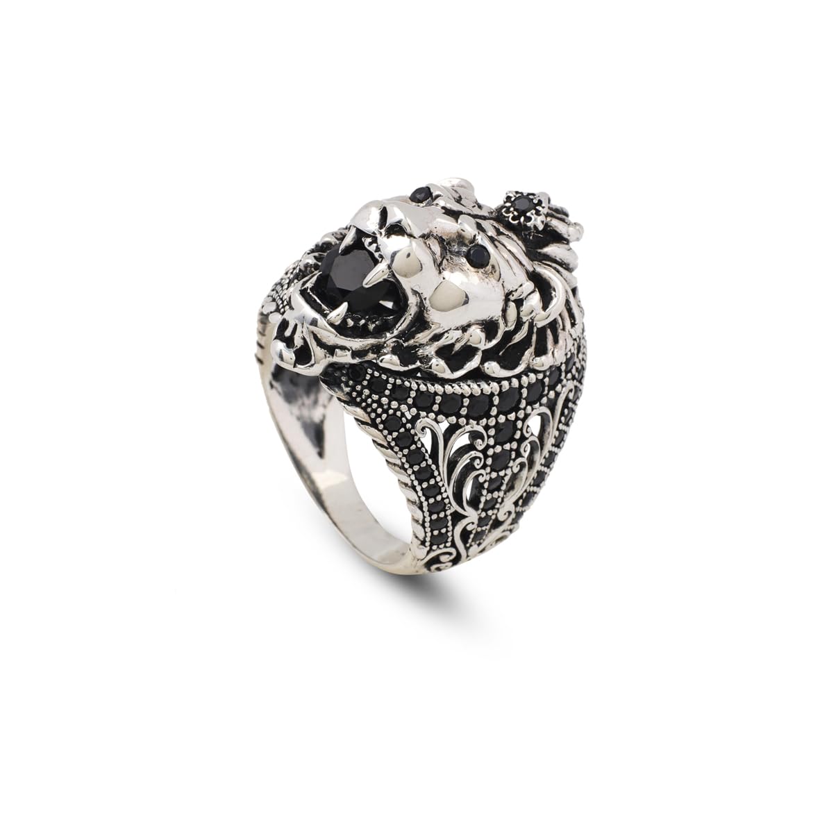Jewellery Pit - Handmade Lion Ring with Black Onyx Micro Stone - 925 Sterling Silver Men's Gemstone Jewelry, Unique Design, Ring with Silver Polishing