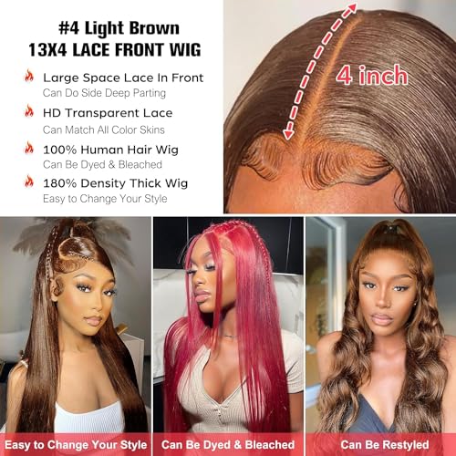 16 Inch 13x4 Lace Front Wigs Human Hair, 4 Chocolate Brown Human Hair wig, 180 Density Straight Frontal Glueless Lace Wig Real Hair, Pre Plucked Glueless Wigs for Black Women - Image 3