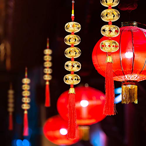 Chinese New Year Hanging Decorations LINGSFIRE 2 Pack Chinese Lanterns Decorative with Bells & Tassel Pendant Spring Festival Bell Chimes Hanging Ornament for Home/Garden/Party/Festival Decoration