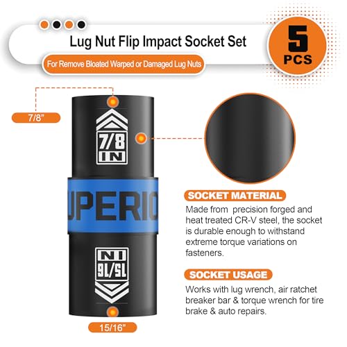 Image of 1 /2 inch Drive Lug Nut Impact Socket Set, 5 Pcs Impact Sockets, Flip Socket Set, Thin Wall Nut Sockets with 3 inch Extension Bar, Remove Bloated Warped, Damaged Lug Nuts