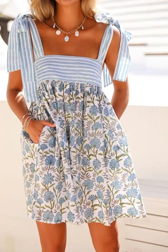 Image of Women Floral Tie Shoulder Mini Dress Cute Square Neck Loose Fit Beach Short Dress Backless Boho Vocation Sundress