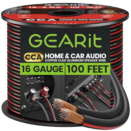 GEARit 16 Gauge Speaker Wire 100 ft,16 Gauge Wire with Foot Markers & Polarity Markings,Flexible Speaker Cable for Car Audio & Home Theater Speakers,Audio Cable for DIY Installations,CCA(Black)