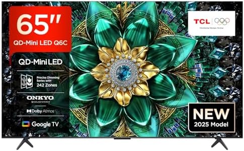 TCL 65Q6C QD-Mini LED TV, 4K HDR Premium 1000nits, Smart TV alimenté par Google (Dolby Vision IQ et Atmos, système Audio Onkyo 2.1, Motion Clarity Pro 144Hz, contrôle Vocal Mains Libres)
